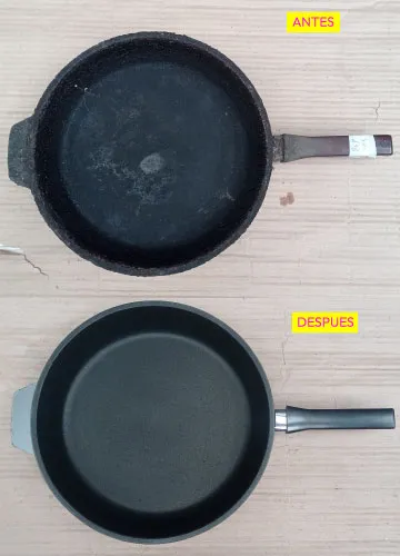 Antes y despues de restauracion de sarten